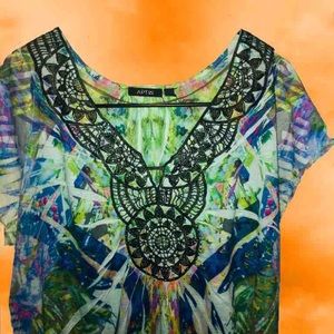 Blouse blue green beads in black